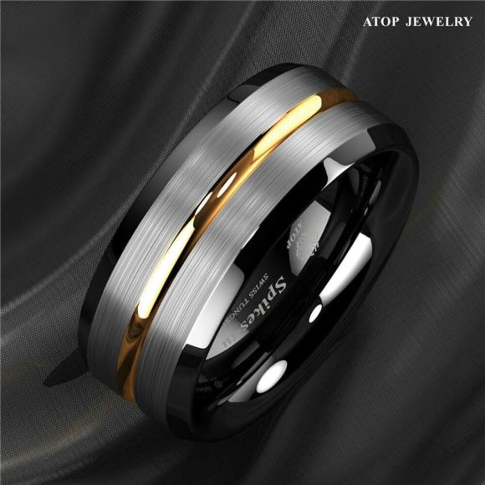 Men's Wedding Band - Silver Brushed Black Edge With Gold Line - Rings View 3